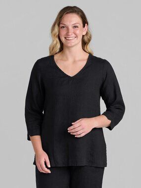 FLAX | Relaxed 3/4 Sleeve V Neck Black Linen Top Lagenlook Contemporary L